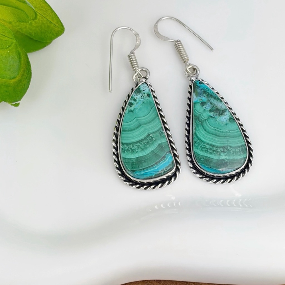 Top Quality Malachite Chrysocolla Earrings Boho 925 Sterling Silver Overlay